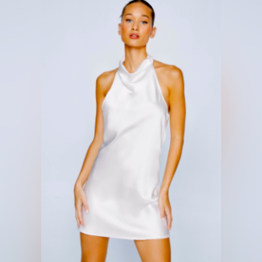 NWT NastyGal: Bridal Petite Satin Cowl Halter Neck Mini Dress - sold out online.